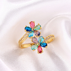 Стиль 1 Женское кольцо-капелька с увеличенным цирконом и инкрустацией цветком - регулируемое, модный, заявление.