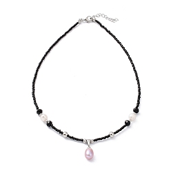 Black Natural Pearl Pendant Necklace with Glass Beaded Chains, Black, 16.61 inch(42.2cm)