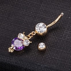 Purple Piercing Jewelry, Brass Cubic Zirconia Navel Ring, Belly Rings, with 304 Stainless Steel Bar, Cadmium Free & Lead Free, Real 18K Gold Plated, Owl, Purple, 40x9mm, Bar Length: 3/8"(10mm), Bar: 14 Gauge(1.6mm)