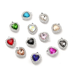Mixed Color Alloy Glass Pendants, Crystal Rhinestone Heart Charm, Platinum, Mixed Color, 19x16x5.8mm, Hole: 2mm