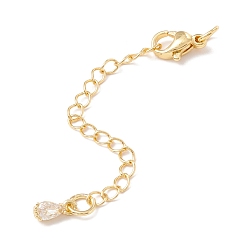 Golden Brass Micro Pave Cubic Zirconia Chain Extender, with Stainless Steel Lobster Claw Clasps and Teardrop Charm, Long-Lasting Plated, Golden, 76x3mm, Hole: 3mm