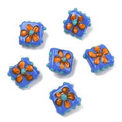 Королевский синий Ручной работы ухабистым Шарики Lampwork, прямоугольник с цветочным узором, королевский синий, 16~17x16~17x9~11 мм, отверстие : 1.6~1.8 мм