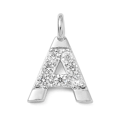 Letter A Латунные микропаве прозрачные подвески с фианитом, без кадмия и без свинца, долговечный, стойки покрытие, платина, буква a, 18x13x2 мм, отверстие : 2.5 мм