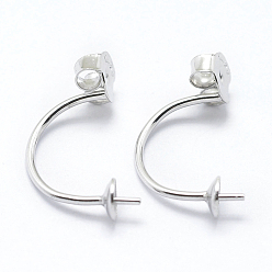 Platinum Rhodium Plated 925 Sterling Silver Ear Nuts, with Cup Pearl Bail Pin, with 925 Stamp, U Shape, Platinum, 18x5.5mm, Pin: 0.8mm, Tray: 4mm