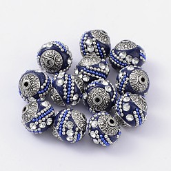 Prussian Blue Handmade Indonesia Beads, with Alloy Cores, Round, Prussian Blue, Antique Silver, 15x15x15mm, Hole: 2mm
