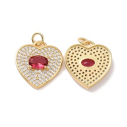 Cerise Heart Brass Micro Pave Cubic Zirconia Pendants, with Jump Rings, Cadmium Free & Nickel Free & Lead Free, Real 18K Gold Plated, Cerise, 18x17x4mm, Hole: 3mm