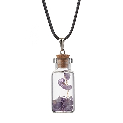 Amethyst Glass Wish Bottle Pendant Necklace, Natural Amethyst Chips Tree Necklace, 17.83 inch(45.3cm)