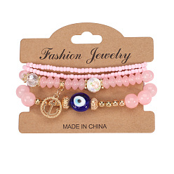 HY-2824-D Pink Bohemian Anchor Pendant Multi-layer Bracelet with Devil's Eye Glass Bead Elastic Bangle Jewelry