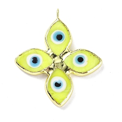 Yellow Handmade Lampwork Big Pendants, with Eco-friendly Ligh Gold Brass Findings, Long-Lasting Plated, Cadmium Free & Lead Free, 4-Petal Flower with Evil Eye Charm, Yellow, 53x46x4mm, Hole: 4.5mm