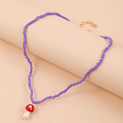 Medium Purple Resin Mushroom Pendant Necklace with Beaded Chains for Women, Medium Purple, 17.32 inch(44cm)