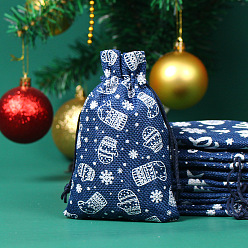Marine Blue Christmas Theme Linenette Drawstring Bags, Rectangle with Christmas Sock Pattern, Marine Blue, 14x10cm