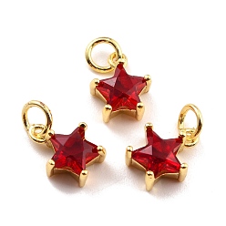 Red Brass Cubic Zirconia Charms, Real 18K Gold Plated, Cadmium Free & Lead Free, Star, Red, 10x8x4mm, Hole: 3.8mm