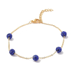 Blue 6mm Round Polymer Clay Rhinestone Link Bracelets, 304 Stainless Steel Cable Chain Bracelets for Women, Real 24K Gold Plated, Blue, 7-1/4 inch(18.5cm), Bead: 6mm