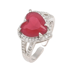 Crimson Heart Brass Micro Pave Cubic Zirconia Cuff Open Rings for Women, with Glass, Cadmium Free & Lead Free, Rack Plating, Platinum, Crimson, 18mm
