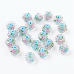Deep Sky Blue Handmade Lampwork Beads, Inner Flower, Faceted Rondelle, Deep Sky Blue, 9x7mm, Hole: 1.5mm