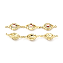 Red Brass Micro Pave Clear Cubic Zirconia Connector Charms, with Enamel, 3 Evil Eye Links, Real 18K Gold Plated, Red, 63x10x3.8mm, Hole: 1.4mm