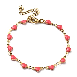 Light Coral Golden 304 Stainless Steel Heart Link Chain Bracelet with Enamel, Light Coral, 6-7/8 inch(17.5cm)