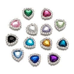 Mixed Color Acrylic Rhinestone Cabochons, with Brass Rhinestone Findings, Faceted, Heart, Silver Color Plated, Mixed Color, 16x15.5x4mm