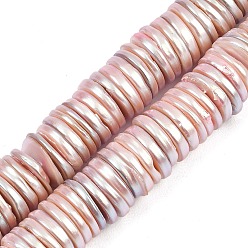 Pink Гальванические оболочки жемчужные бусы пряди, диск, Heishi бусы, розовые, 14x1.5 мм, отверстие : 1 мм, около 158 шт / нитка, 15.39'' (39.1 см)