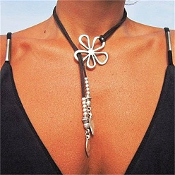 Platinum Waxed Cord Adjustable Wrap Choker Necklaces, Alloy Hollow Flower Pendant Necklace, Platinum, 55.12 inch(140cm)