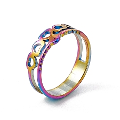Rainbow Color Ion Plating(IP) 201 Stainless Steel Hollow Out Heart with Evil Eye Finger Ring for Women, Rainbow Color, US Size 6 1/4(16.7mm)
