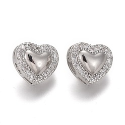 Platinum Brass Micro Pave Clear Cubic Zirconia Shank Buttons, Heart, Platinum, 10x11x7.5mm, Hole: 1.4mm