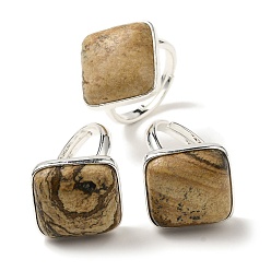 Пейзажный Джаспер Регулируемые кольца из яшмы с натуральным рисунком, с латунной основой, без свинца и без кадмия, ромб, ромб: 24x25 мм, размер США 9 3/4 (19.5 мм)