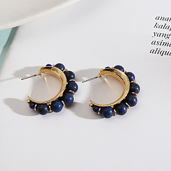 Lapis Lazuli Steel Needle Natural Stone Beaded Earrings with Fashionable European Style and Genuine Gold Plating