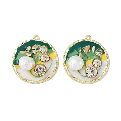 Green Rack Plating Alloy Enamel Pendants, with Resin, ABS Imitation Pearl Beads, Rhinestone and Glass Beads, Cadmium Free & Nickel Free & Lead Free, Flat Round, Green, 36x33.5x7mm, Hole: 1.8mm