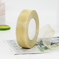 Pale Goldenrod Polyester Organza Ribbon, for Christmas Decoration, Pale Goldenrod, 1 inch(25mm), about 49.21 Yards(45m)/Roll