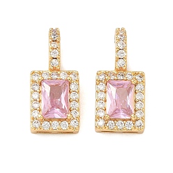 Pink Латунные микро проложить кубического циркония подвески, прямоугольник амулеты, реальный 18 k позолоченный, розовые, 19.5x9x5 мм, отверстие : 5x3.5 мм