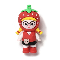Strawberry PVC Plastic Pendants, Girl with Fruit, Strawberry, 61x35x23mm, Hole: 3mm