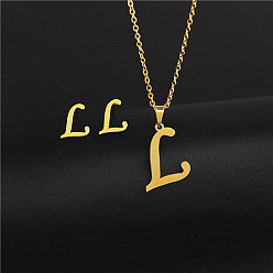 Letter L Golden Stainless Steel Initial Letter Jewelry Set, Stud Earrings & Pendant Necklaces, Letter L, No Size