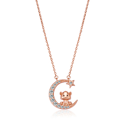 Tiger Chinese Zodiac Necklace Tiger Necklace 925 Sterling Silver Rose Gold Tiger on the Moon Pendant Charm Necklace Zircon Moon and Star Necklace Cute Animal Jewelry Gifts for Women, Tiger, 15 inch(38cm)