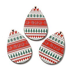 Red Single Face Printed Wood Big Pendants, Christmas Teardrop Charms, Red, 54x36.5x2.4mm, Hole: 2mm