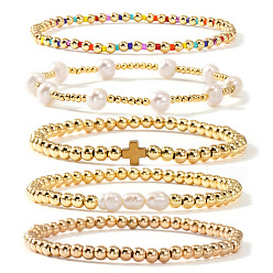 Золотой 5шт. 5 стили набор круглых бусин из латуни и пресноводного жемчуга для браслета, составные браслеты для женщин, внутренний диаметр: 6-7/8 дюйм (17.5 см)