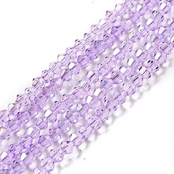 Lilac Transparent Electroplate Glass Beads Strands, AB Color Plated, Faceted Bicone, Lilac, 4.5x4mm, Hole: 0.7mm, about 88~92pcs/strand, 13.50~14.06 inch(34.3~35.7cm)