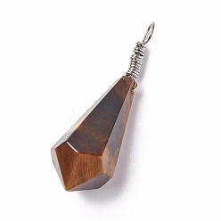 Tiger Eye Natural Tiger Eye Pendants, with Brass Findings, Cone, Platinum, 44~46x14~15mm, Hole: 4mm