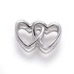 Platinum Eco-Friendly Brass Slide Charms, Lead Free & Cadmium Free, Heart with Heart, Platinum, 8x13x5mm, Hole: 2x10mm