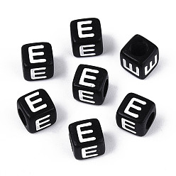 Letter E Начальные акриловые бусины с горизонтальной дырочкой, кубические, чёрные, Письмо E, 6x6x6 мм, отверстие : 3.5 мм, 3330 шт / 500 г