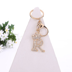 Letter R Crystal Rhinestone Initial Letter with Crown Pendant Keychains, with Light Gold Alloy Findings, Letter.R, 10~10.5cm, alphabet: 40~46x20~45mm