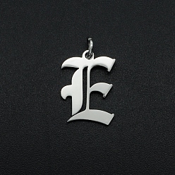 Letter E 304 Stainless Steel Pendants, with Jump Ring, Old English, Letter, Laser Cut, Stainless Steel Color, Letter.E, 16x12x1mm, Hole: 3mm