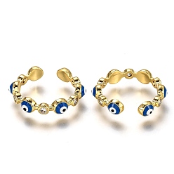 Real 18K Gold Plated Brass Micro Pave Clear Cubic Zirconia Cuff Rings, Open Rings, with Enamel, Long-Lasting Plated, Evil Eye, Blue, Real 18K Gold Plated, US Size 6, Inner Diameter: 17mm