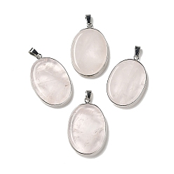 Rose Quartz Natural Rose Quartz Pendants, Oval Charms with Platinum Plated Metal Findings, 39.5x26x6mm, Hole: 7.6x4mm