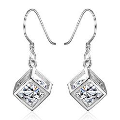 Silver Elegant Fashion Cube Brass Cubic Zirconia Dangle Earrings, Clear, Silver Color Plated, 30x11mm