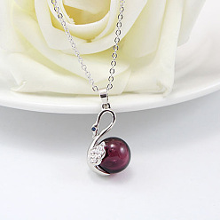 Dark Red Swan with Glass Ball Perfume Bottle Necklace with Brass Chains for Women, Platinum, Dark Red, 19.69 inch(50cm)