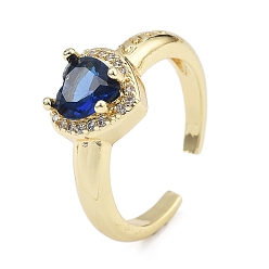 Синий Кольца-манжеты для пальцев с покрытием из латуни с микропаве из прозрачного кубического циркония для женщин, долговечный, реальный 18 k позолоченный, сердце, синие, 10x10 мм
