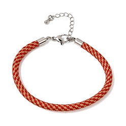 Red Braided Round Polyester Cord Bracelet Makings, with Brass Findings and 202 Stainless Steel Lobster Claw Clasps, Stainless Steel Color, Red, 7.28 inch(18.5cm)