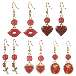 Red Valentine's Day Alloy Enamel Dangle Earrings with Brass Pins, Mixed Shapes, Red, 41~50x9~18.5mm