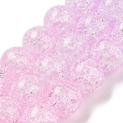 Pink Spray Painted Crackle Glass Beads Strands, Gradient Color, Segmented Multi-color Beads, Round, Pink, 10mm, Hole: 1mm, about 38pcs/strand, 15.28 inch(38.8cm)